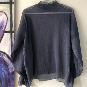 Blue Oak and Fort Sheer Ruffle Neck Blouse, Size Medium